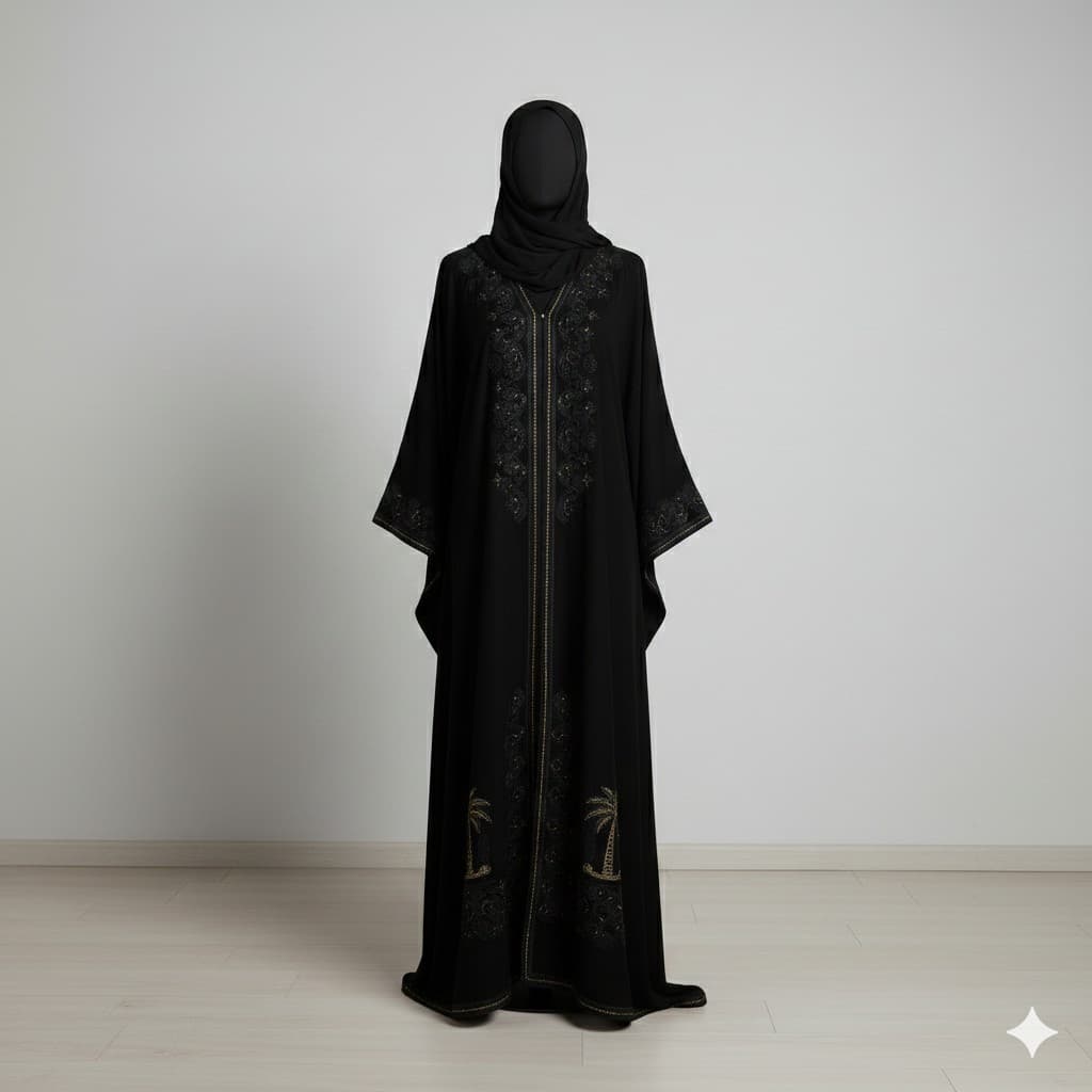 عباية سوداء مطرزة بنخيل ذهبي