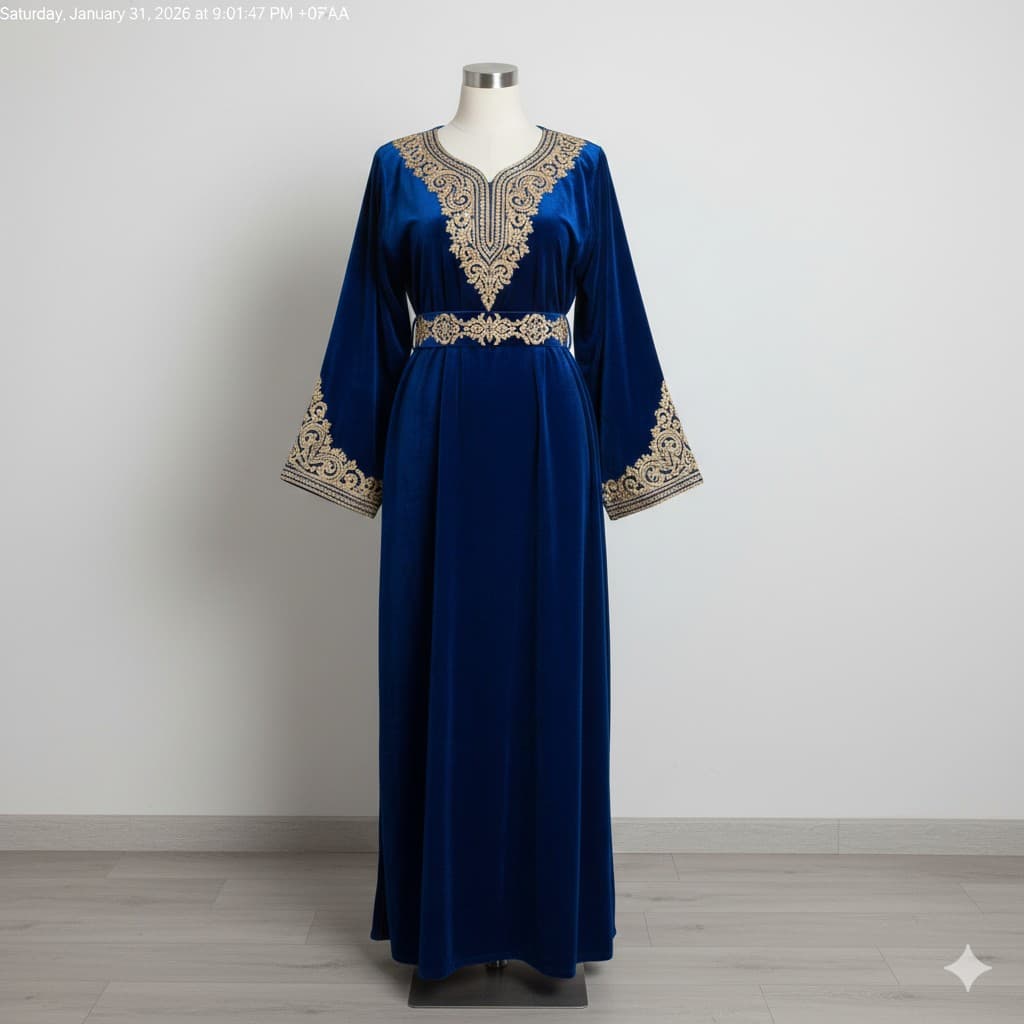 عباية مخمل أزرق ملكي بتطريز ذهبي